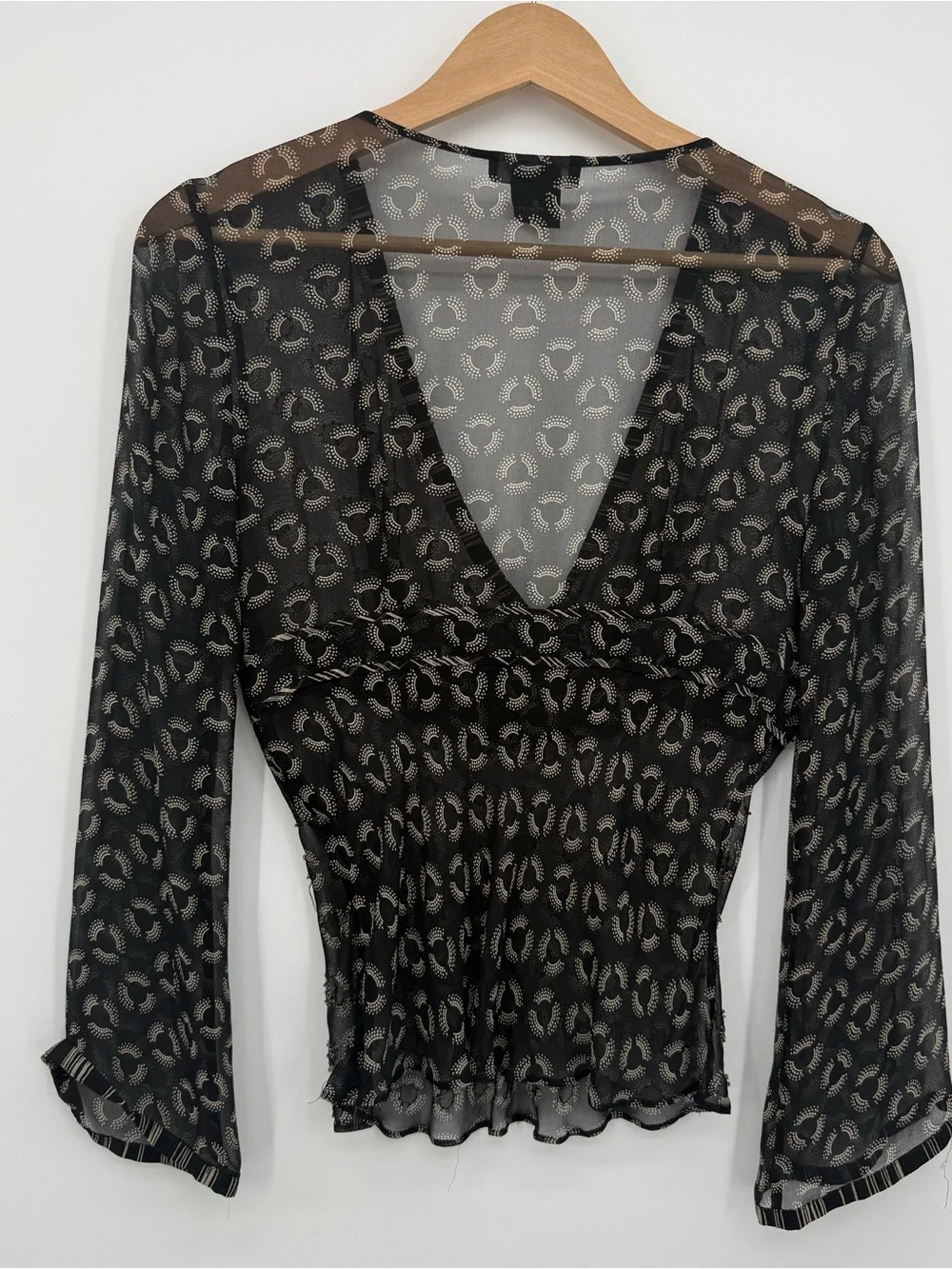 Willi Smith Silk Sheer Blouse Top Black Print Beaded Size Small Y2k